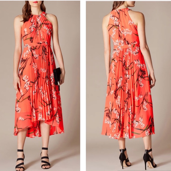 karen millen yellow pleated floral midi dress